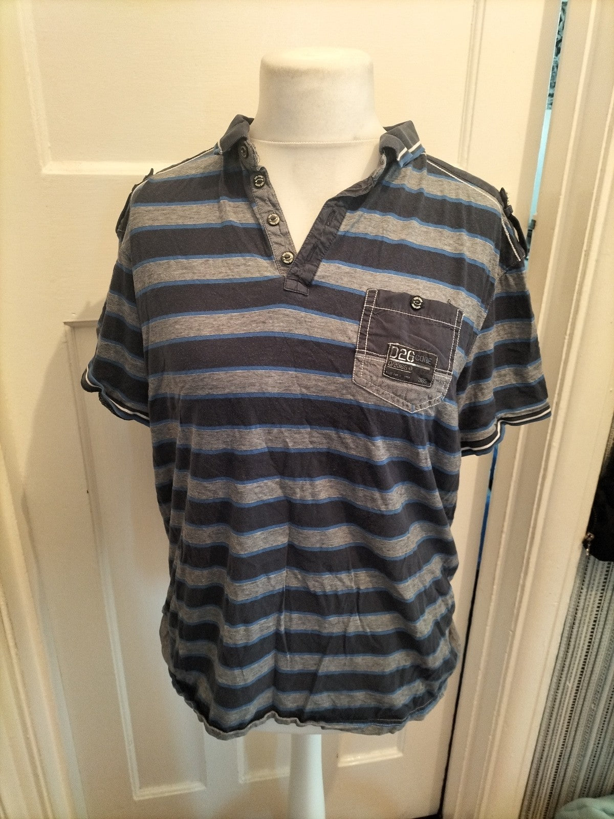 Mens D26 Core Size XL Navy Grey Striped Polo Short Sleeve