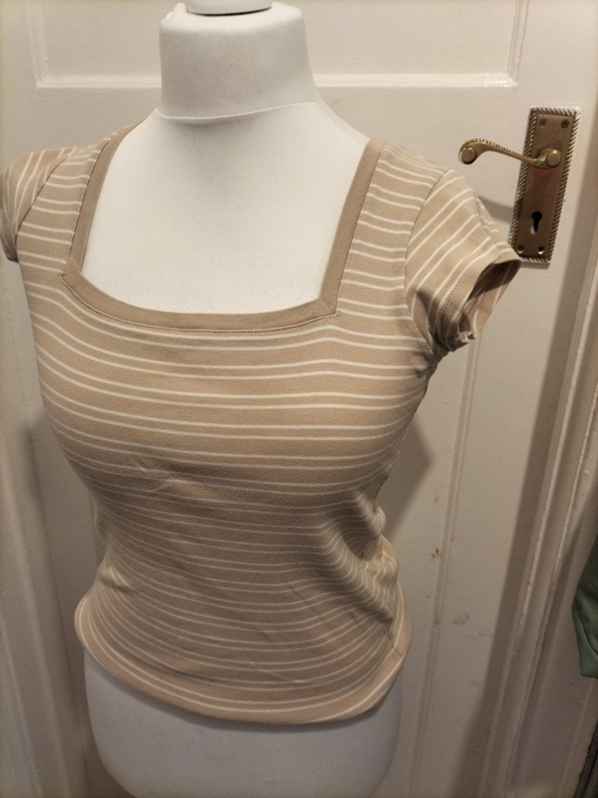 Ladies E-Vie Size 10-12 Pale Beige And White Striped Cap Sleeved Tshirt