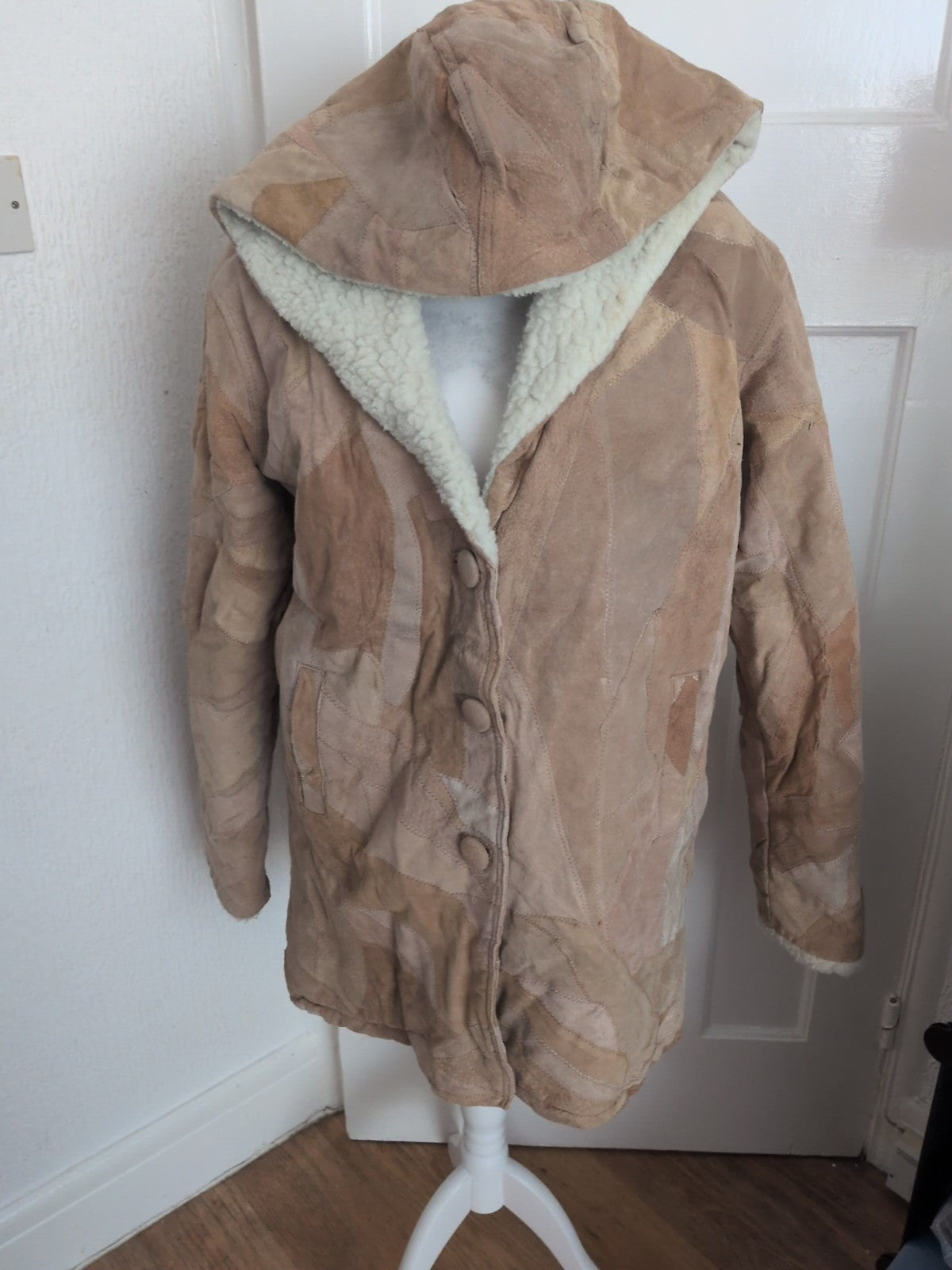 Large Beige Genuine Leather Fleece Fluffy Lined Coat