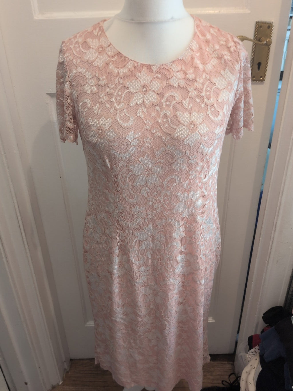 Damart Medium Pink Lace Lined Short Sleeved Dress