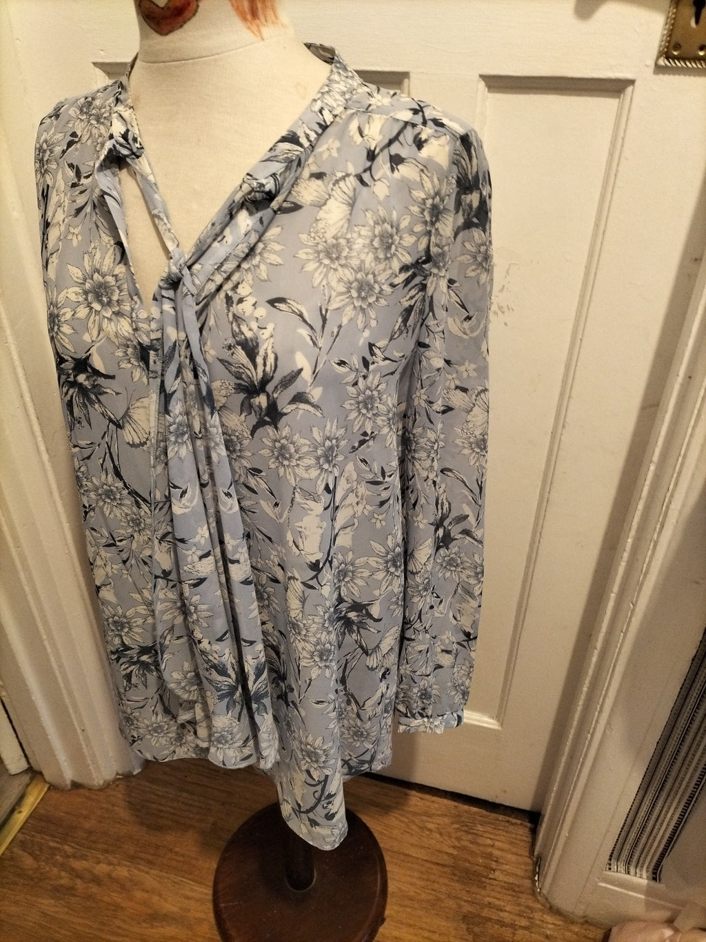 Ladies Papaya Size 12 Pale Grey/ Blue Floral Long Sleeve See Through Blouse