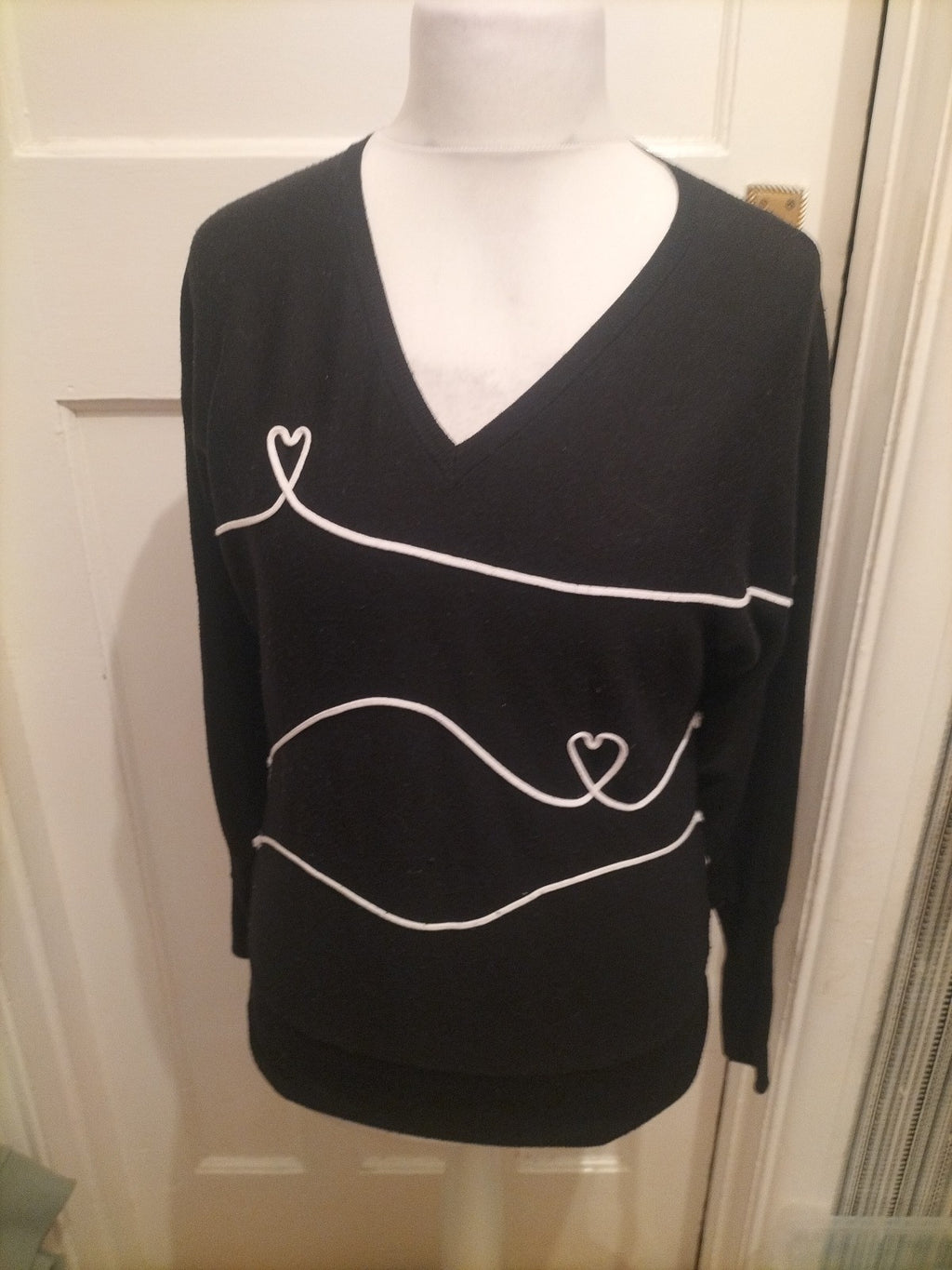Ladies Next Size XS Black And White Jumper With Hearts