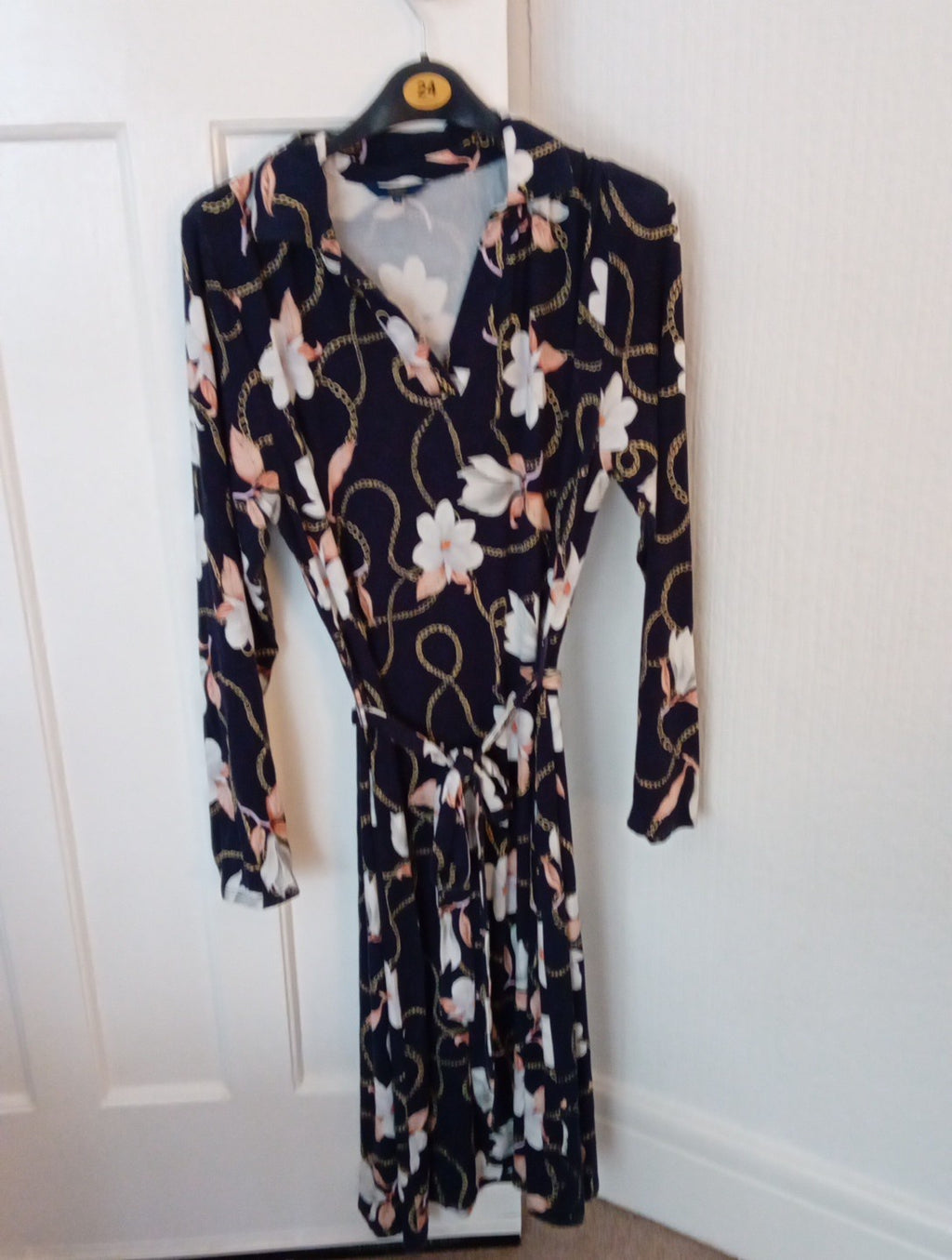 Ladies Cotton Traders Dress With Belt Long Sleeved Navy Chain Design Size 12