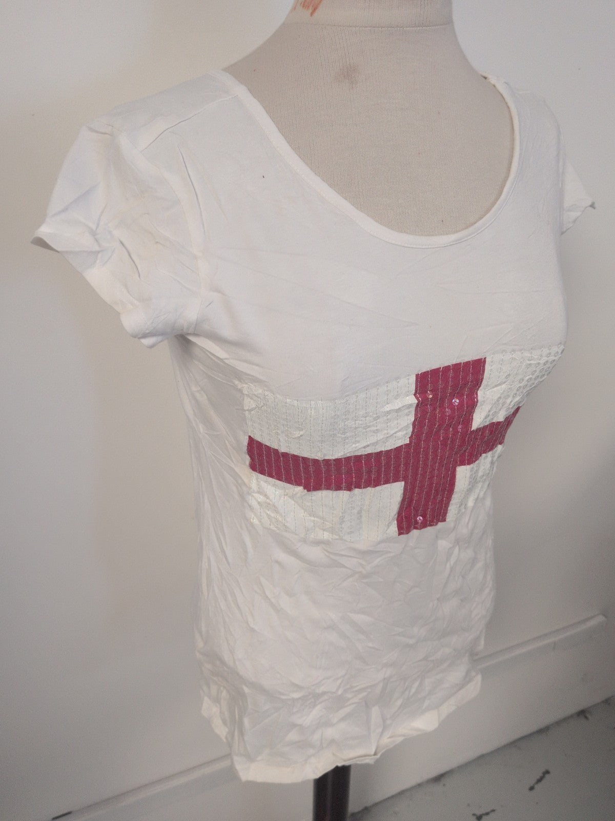 Ladies F&F Size 12 White England Flag Sequin T-shirt