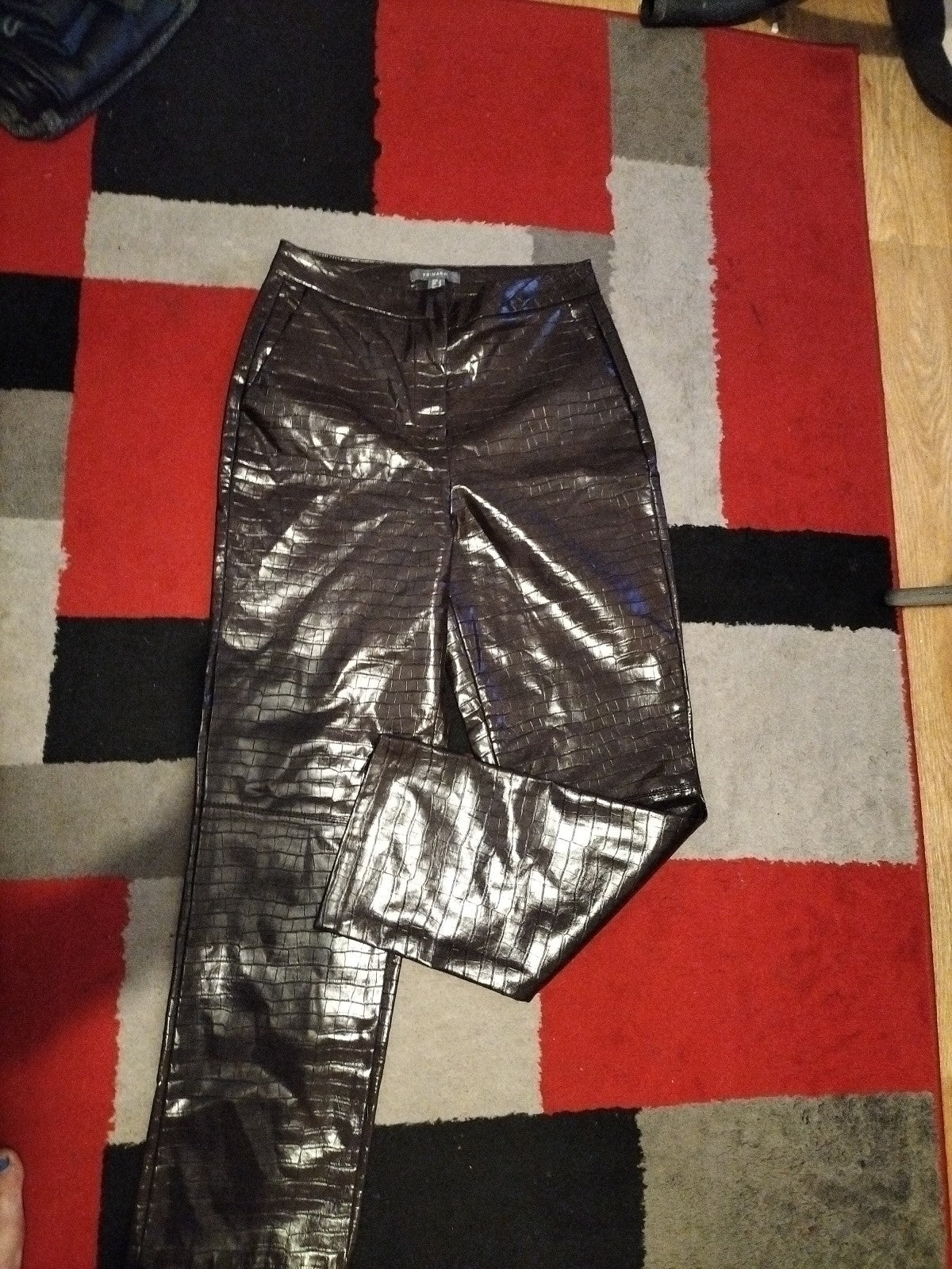 Ladies Primark Size 12 Dark Brown Pleather Patterned Trousers