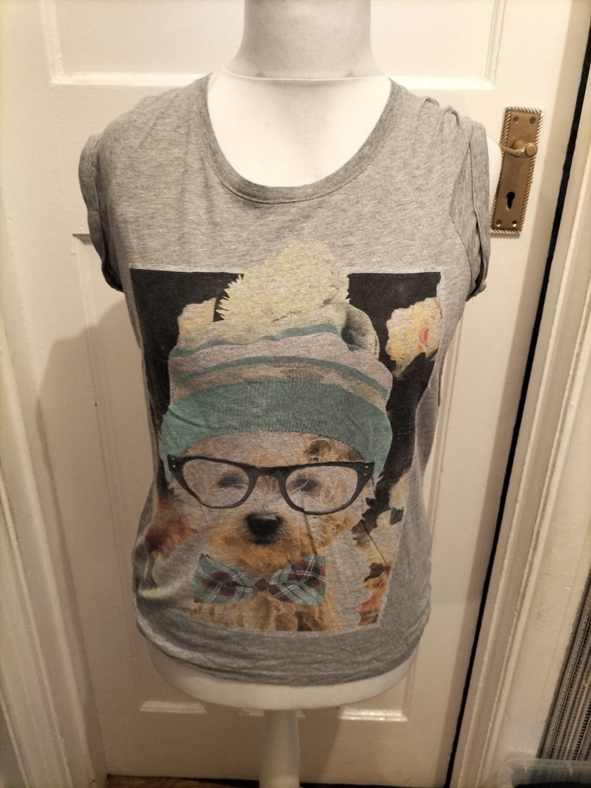 Ladies New Look Size 12 Grey Print Dog Short Sleeved T-shirt