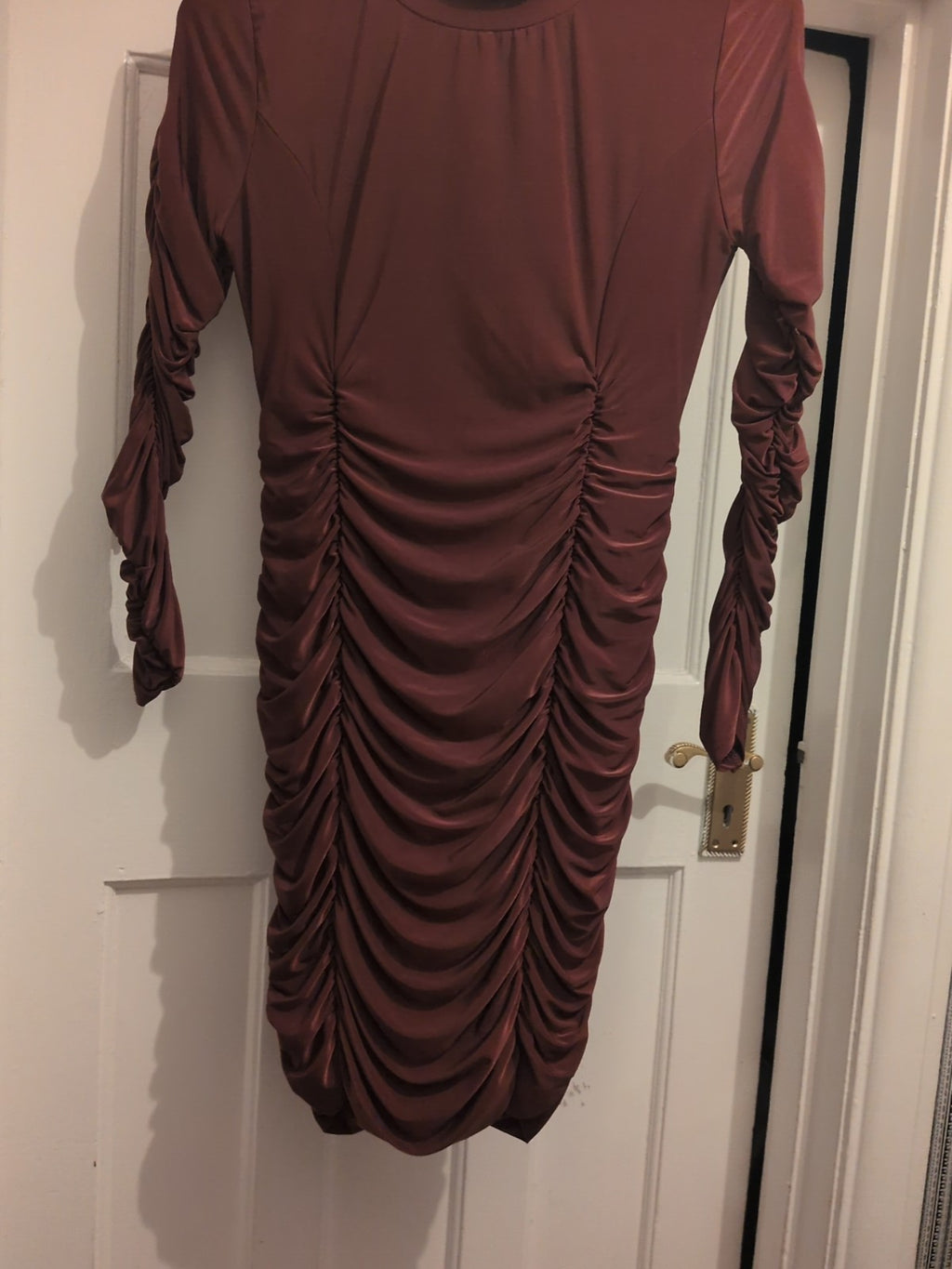 Prettylittlething 12 Brown Long Sleeve Ruched Dress