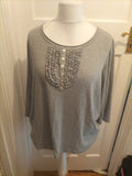 BM Casual Xl grey Scoop Neck Patterned Chest Long Sleeve Blouse