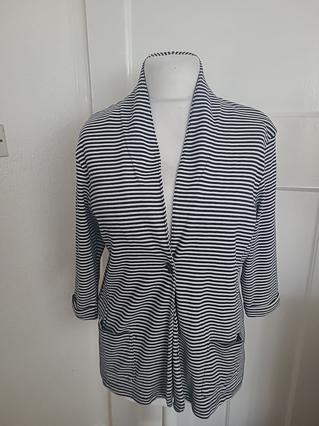 Cotton Traders 14/16 Navy Striped Buttoned Blouse