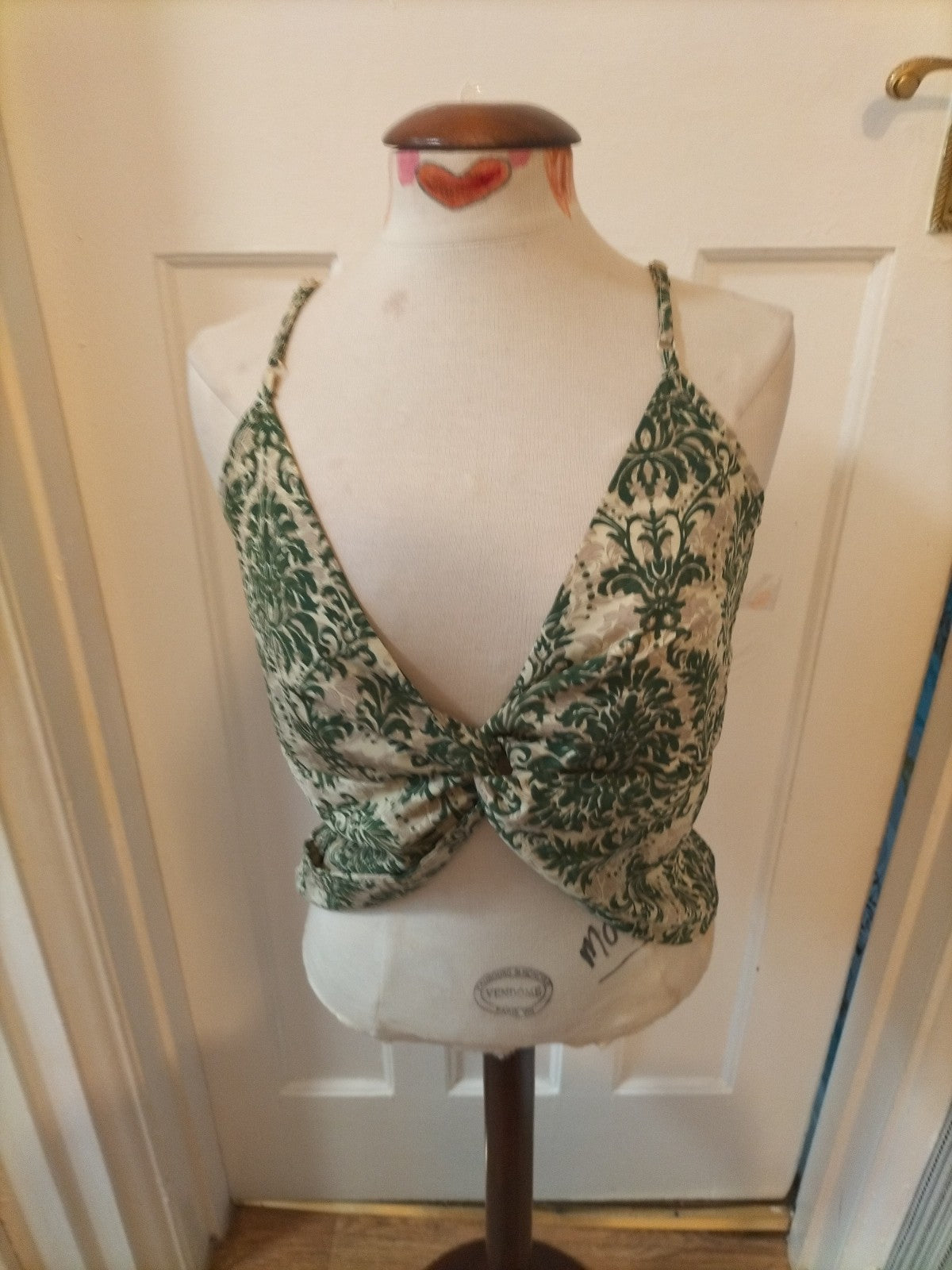 Ladies Shein Size Small Green/Grey/White Knot Detail Sleeveless Blouse