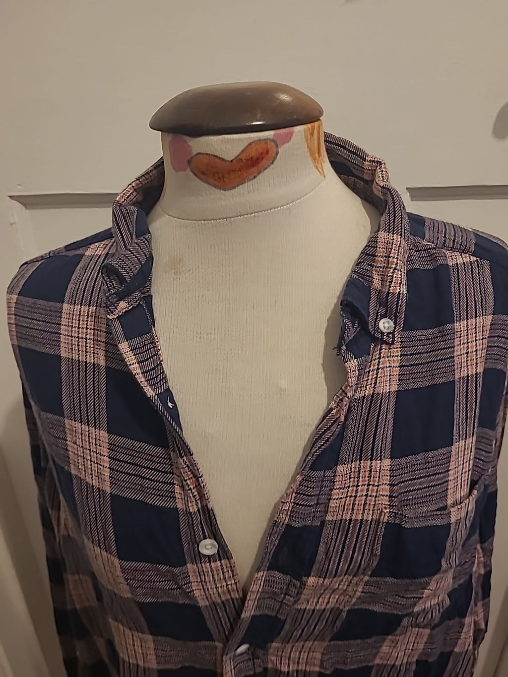 Mens George Size Large Pinky Red Navy Check Long Sleeved Shirt