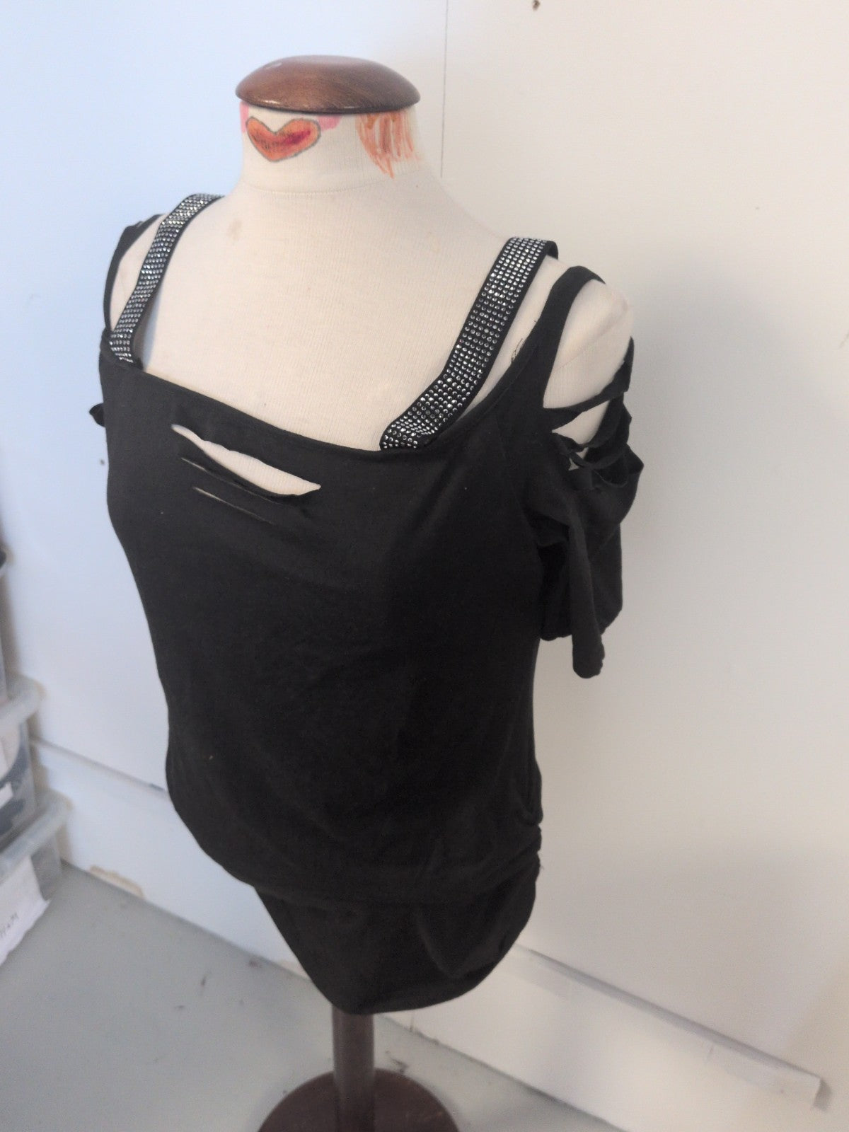 Shein XL Black Open Shoulder Diamante Strap Blouse