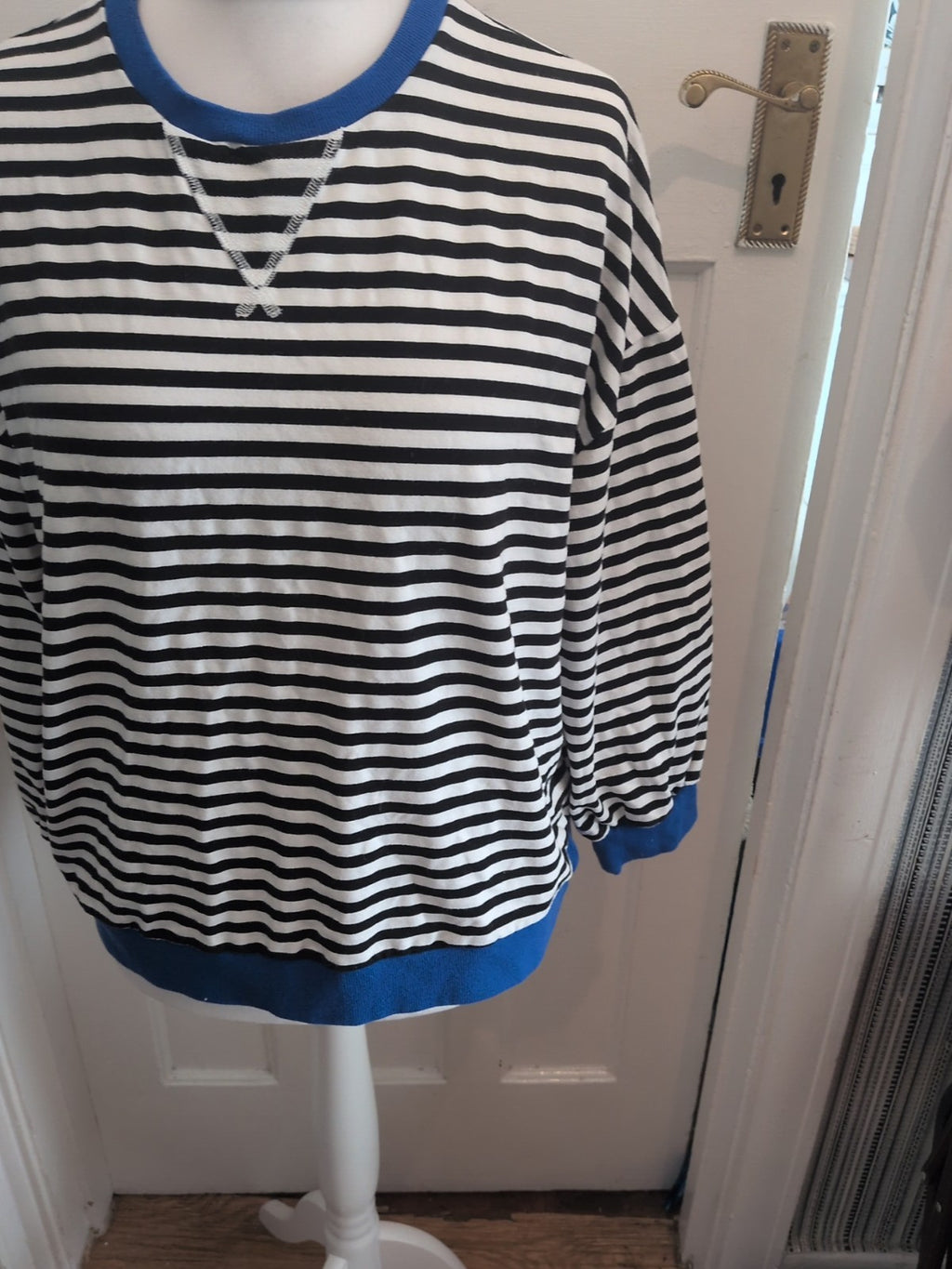 Large Black And White With Blue Trim Stripe Jumper