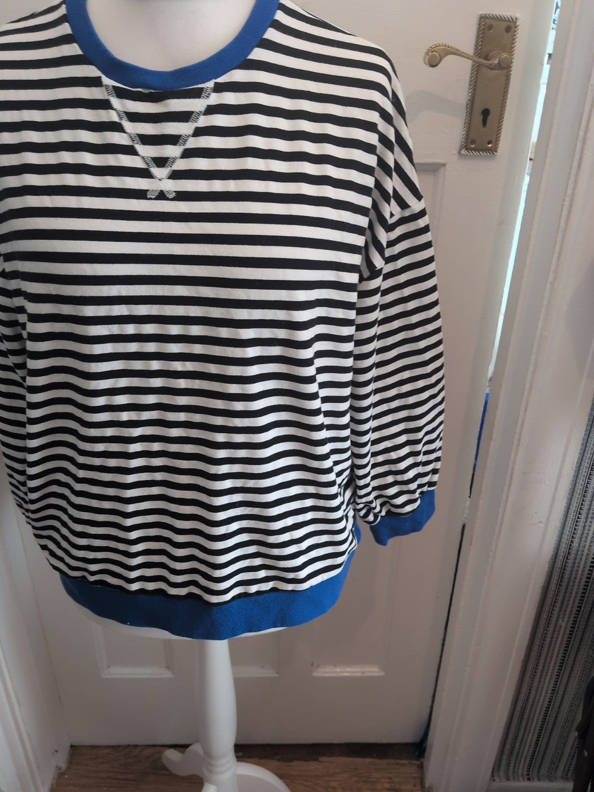 Large Black And White With Blue Trim Stripe Jumper