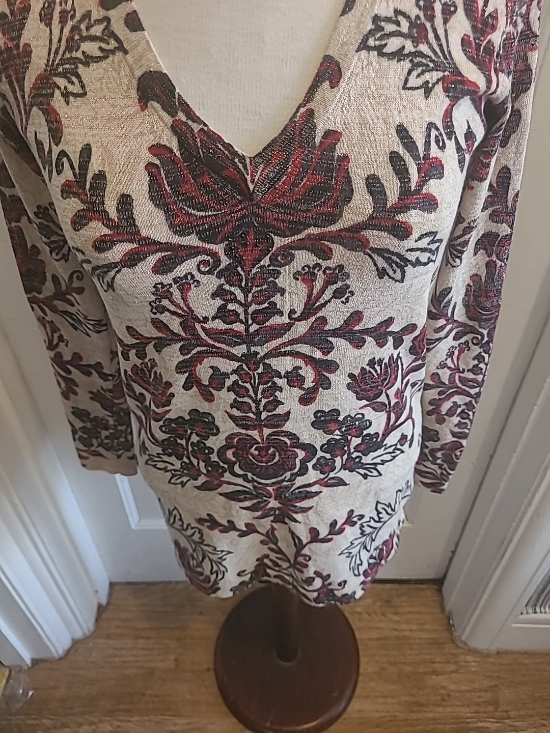 Ladies Next Size 8 Beige Black/Red Long Sleeved Longline Top
