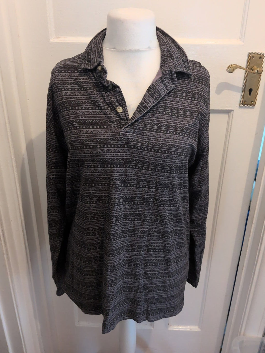 Casual Club Small Grey And Black Pattern Long Sleeve Polo