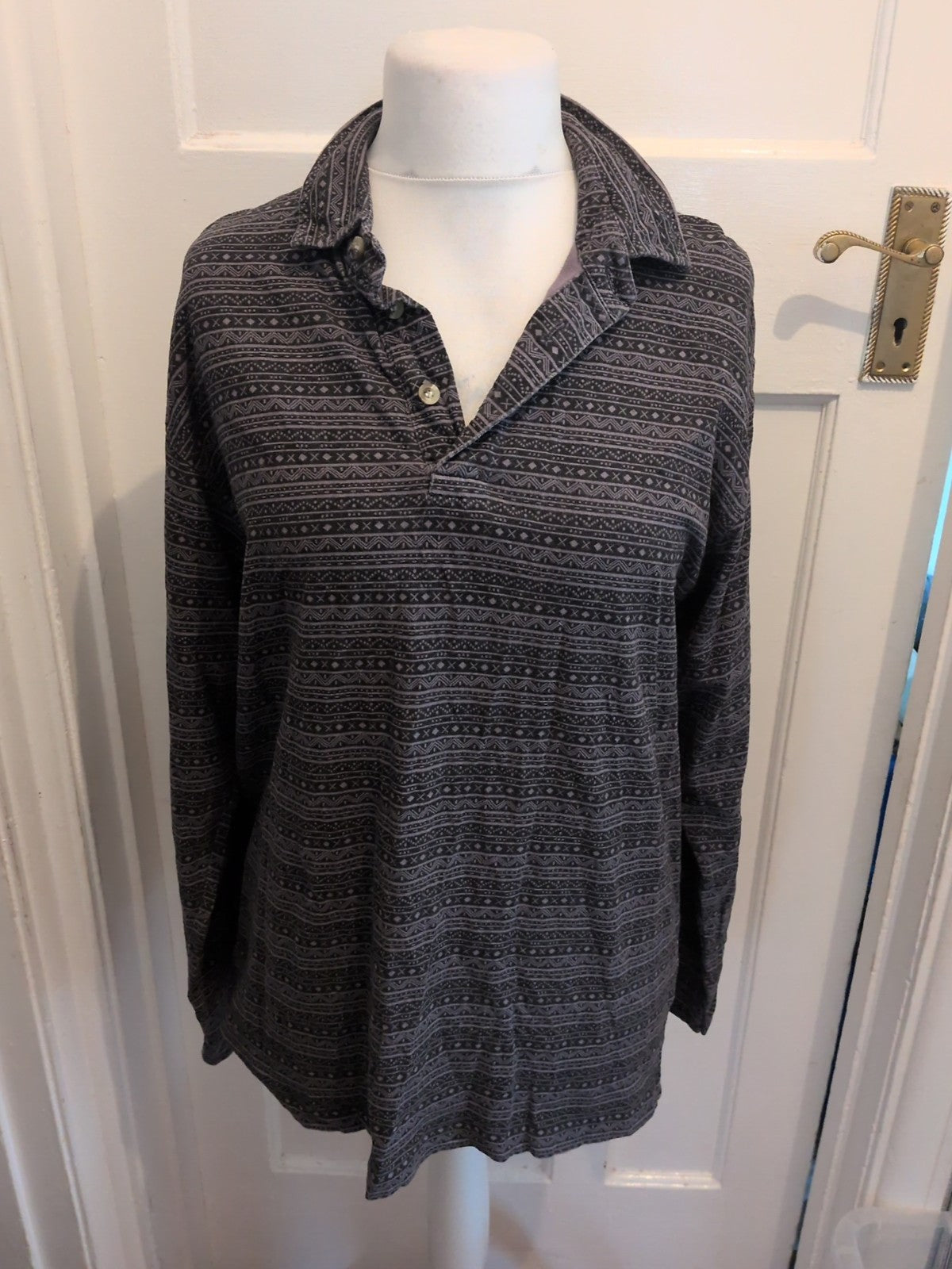 Casual Club Small Grey And Black Pattern Long Sleeve Polo
