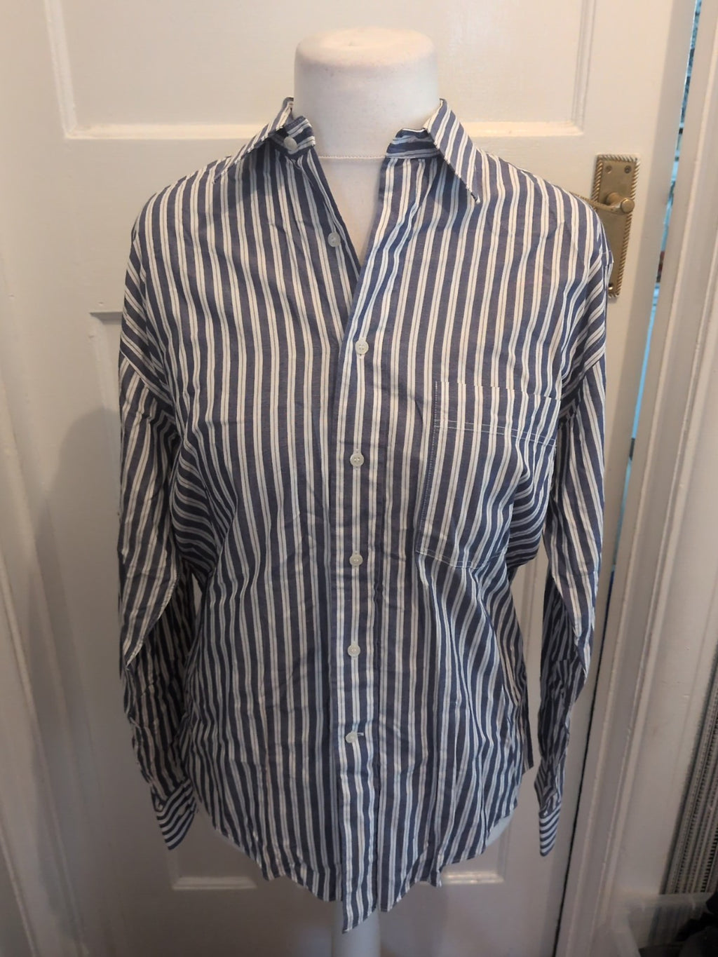 Mens Kurt Geiger Size 15 Navy And White Striped Long Sleeved Shirt