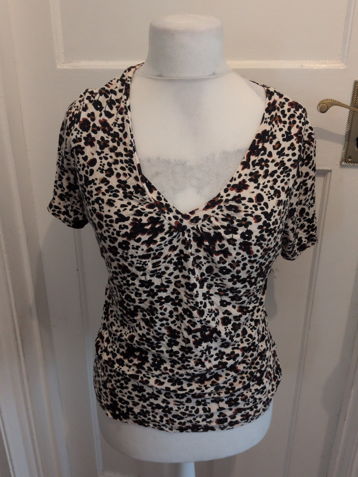 Tu 12 Beige Black Floral V Neck Blouse