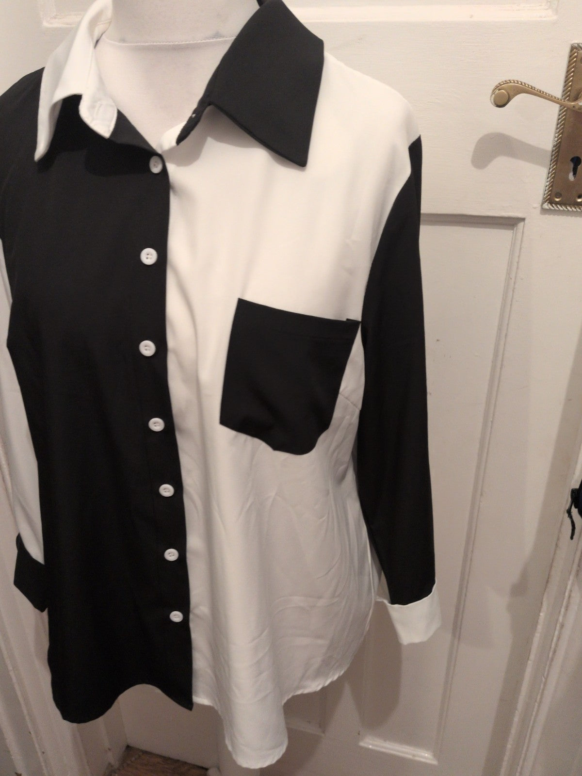 XL Half And Half Black And White Buttoned Collared Blouse Long Sleeve
