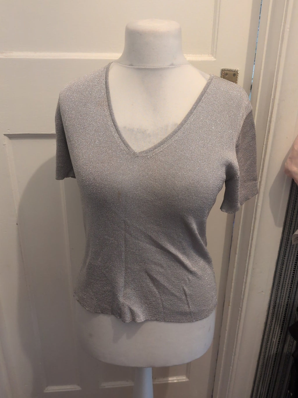 Debenhams 14 Silver Short Sleeved Blouse Stain On Front