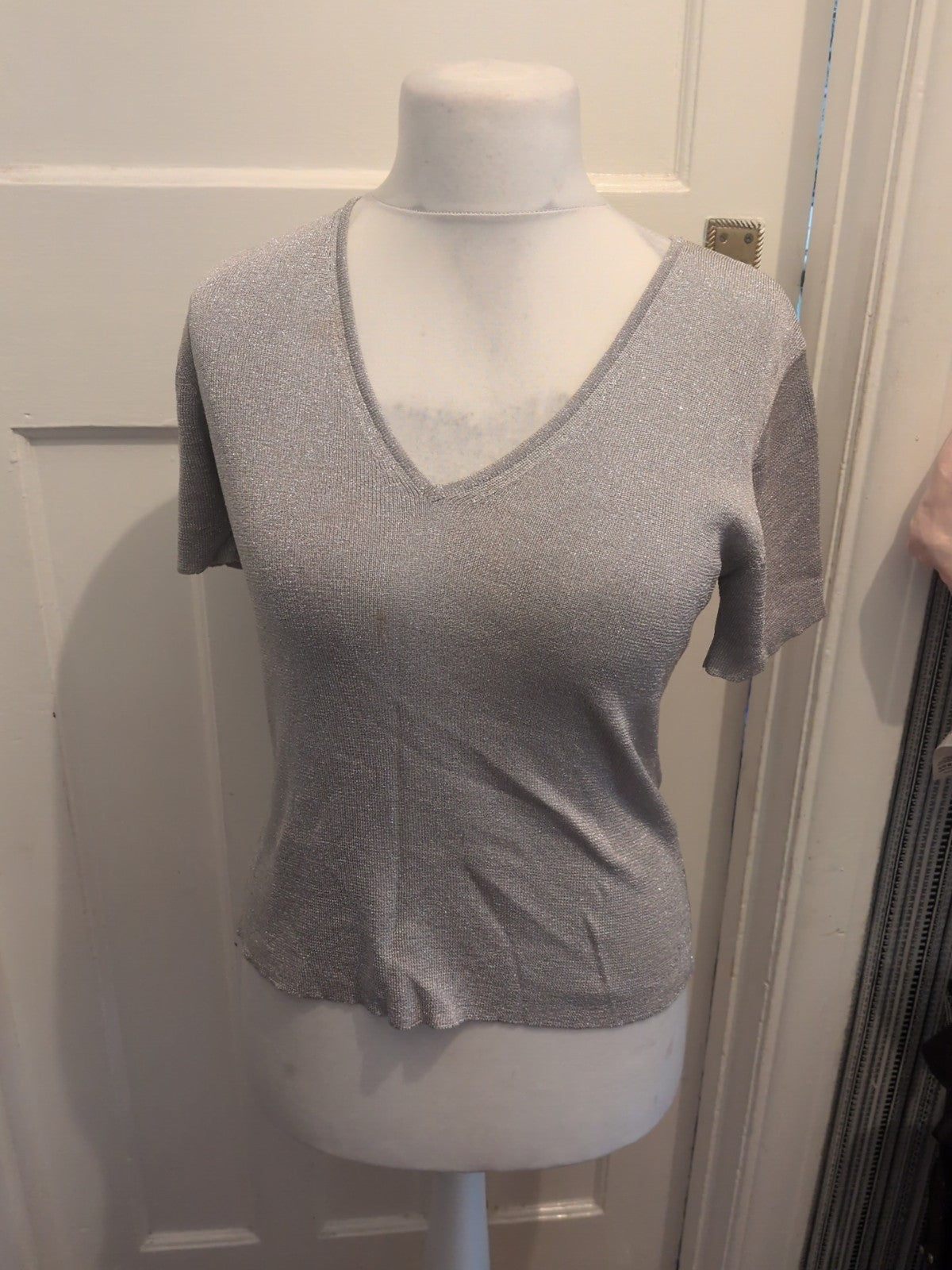 Debenhams 14 Silver Short Sleeved Blouse Stain On Front