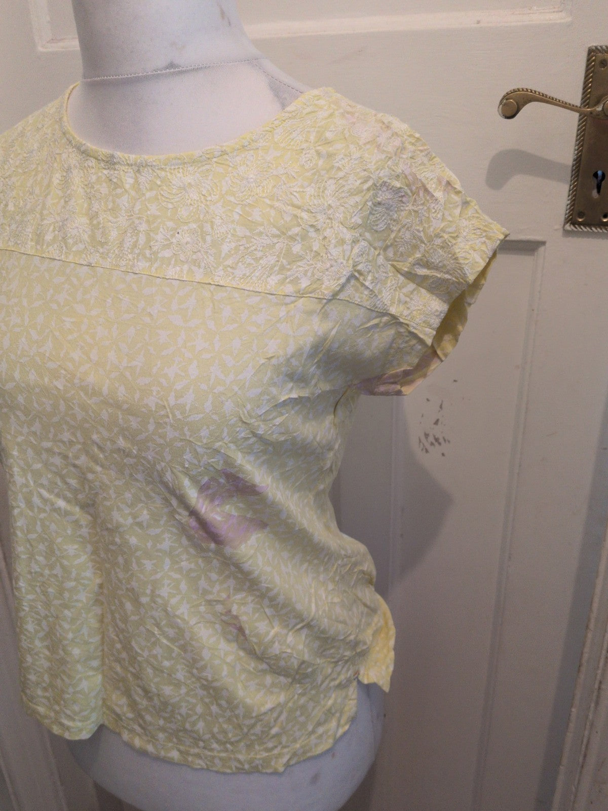 White Stuff 8 Yellow And White Pattern Short Sleeve T-shirt