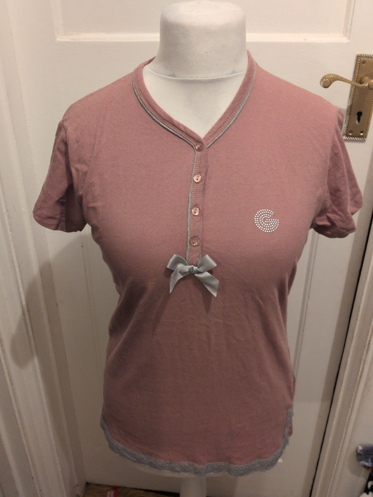 Ladies Medium Purple Short Sleeve Button Bust Pyjama Top