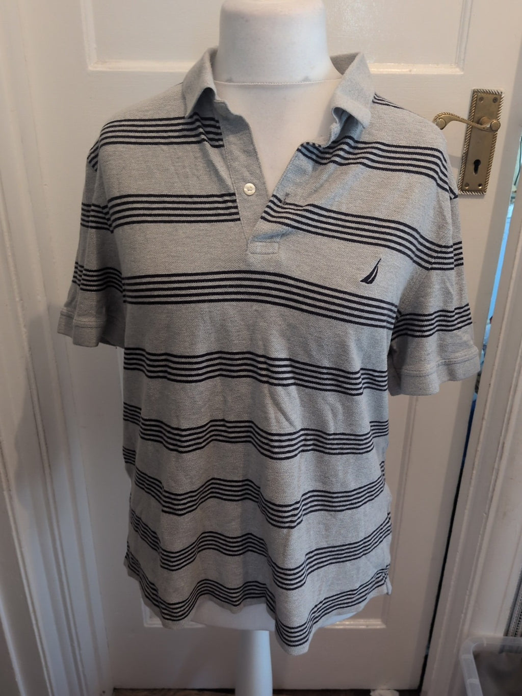 Nautica Large Grey And Navy Stripe Short Sleeve Polo