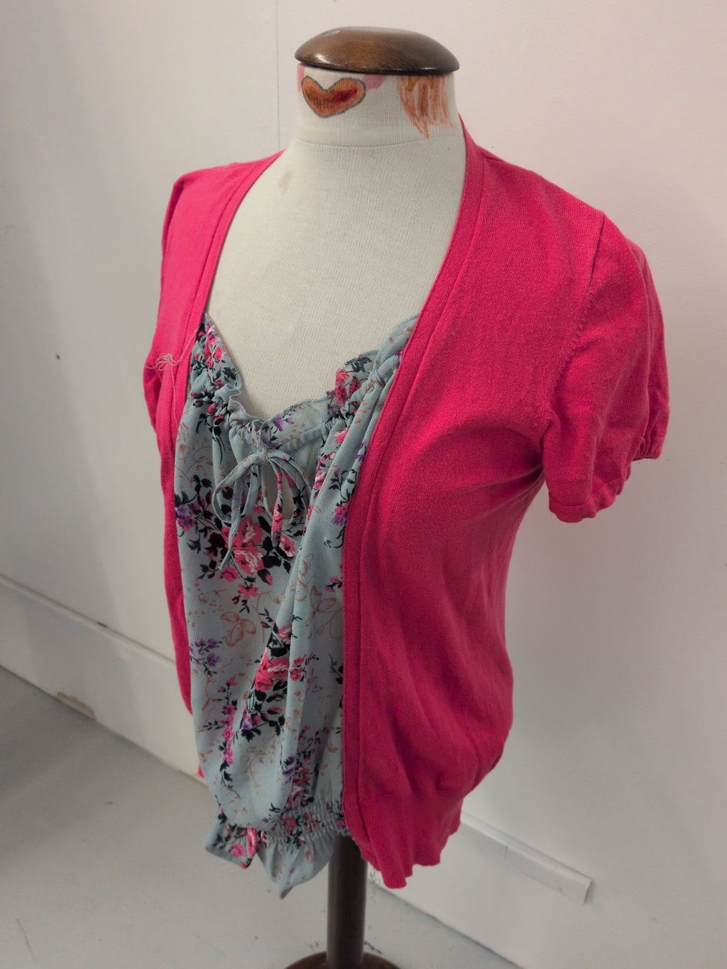 Next 16 Hot Pink With Grey Floral Short Sleeved Blouse