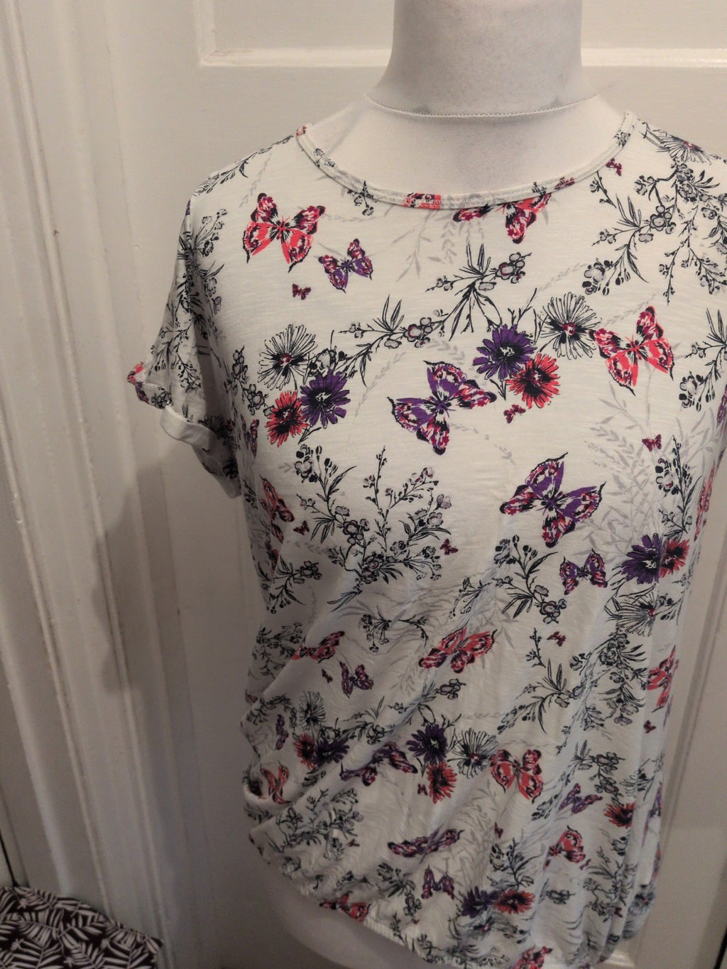 George 22 White Purple And Pink Butterfly Short Sleeve Blouse