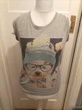 Ladies New Look Size 12 Grey Print Dog Short Sleeved T-shirt