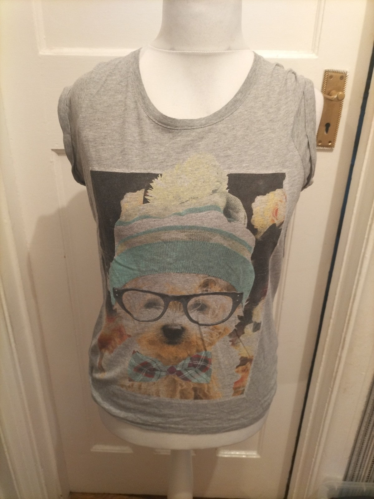 Ladies New Look Size 12 Grey Print Dog Short Sleeved T-shirt