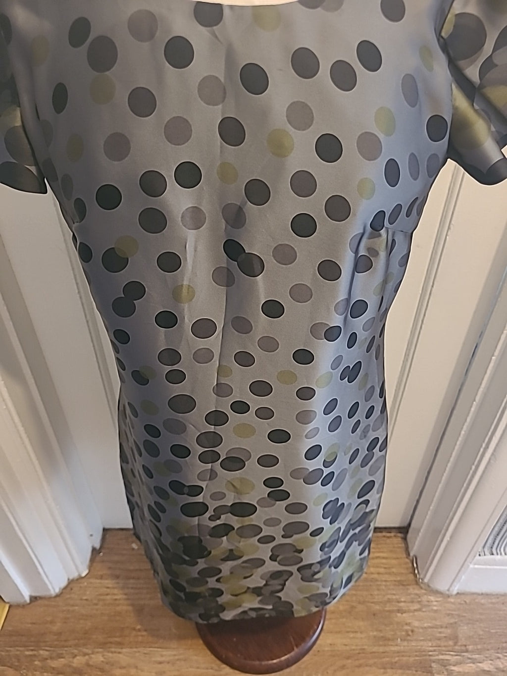 Ladies Marks And Spencer Size 10 Grey Black Green Spotted Short Sleeved Dress