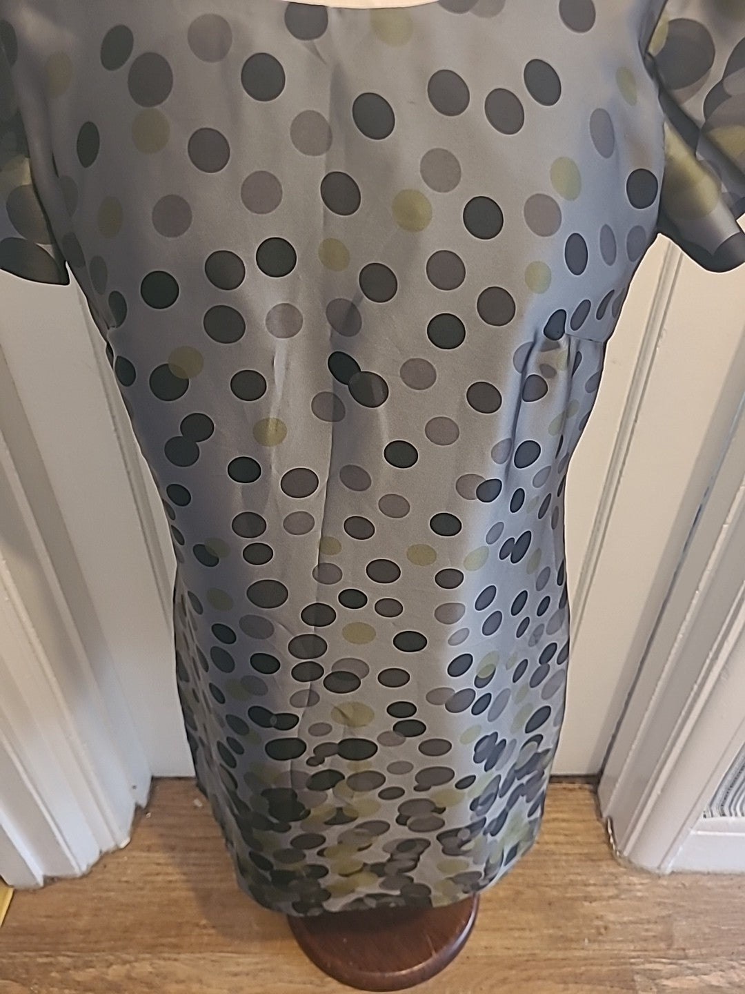 Ladies Marks And Spencer Size 10 Grey Black Green Spotted Short Sleeved Dress