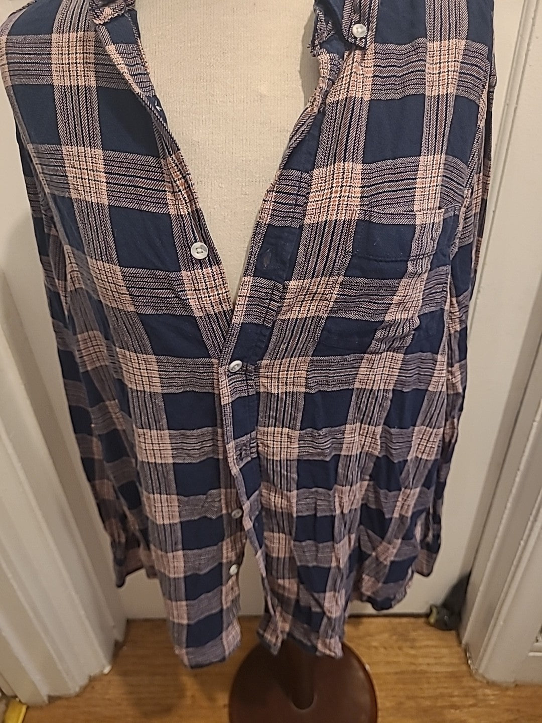Mens George Size Large Pinky Red Navy Check Long Sleeved Shirt