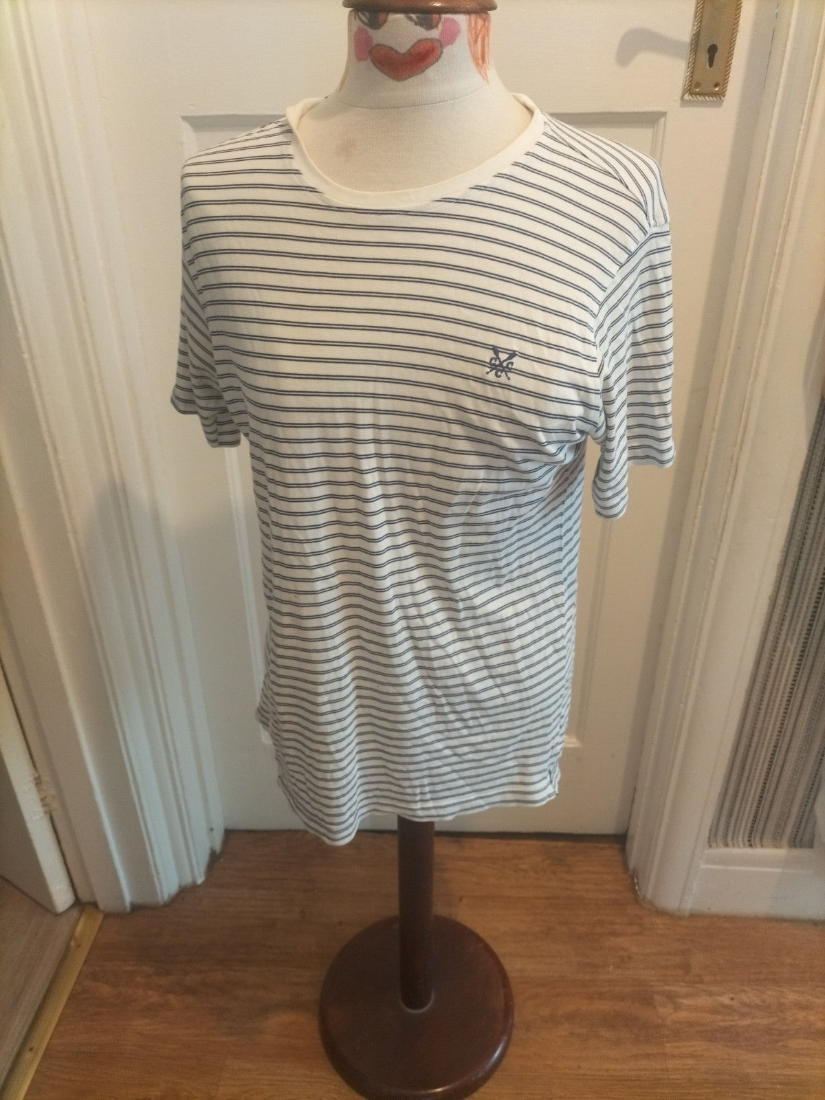 Ladies Crew Clothing Size Small Navy White Double Stripe Short Sleeved Tshirt