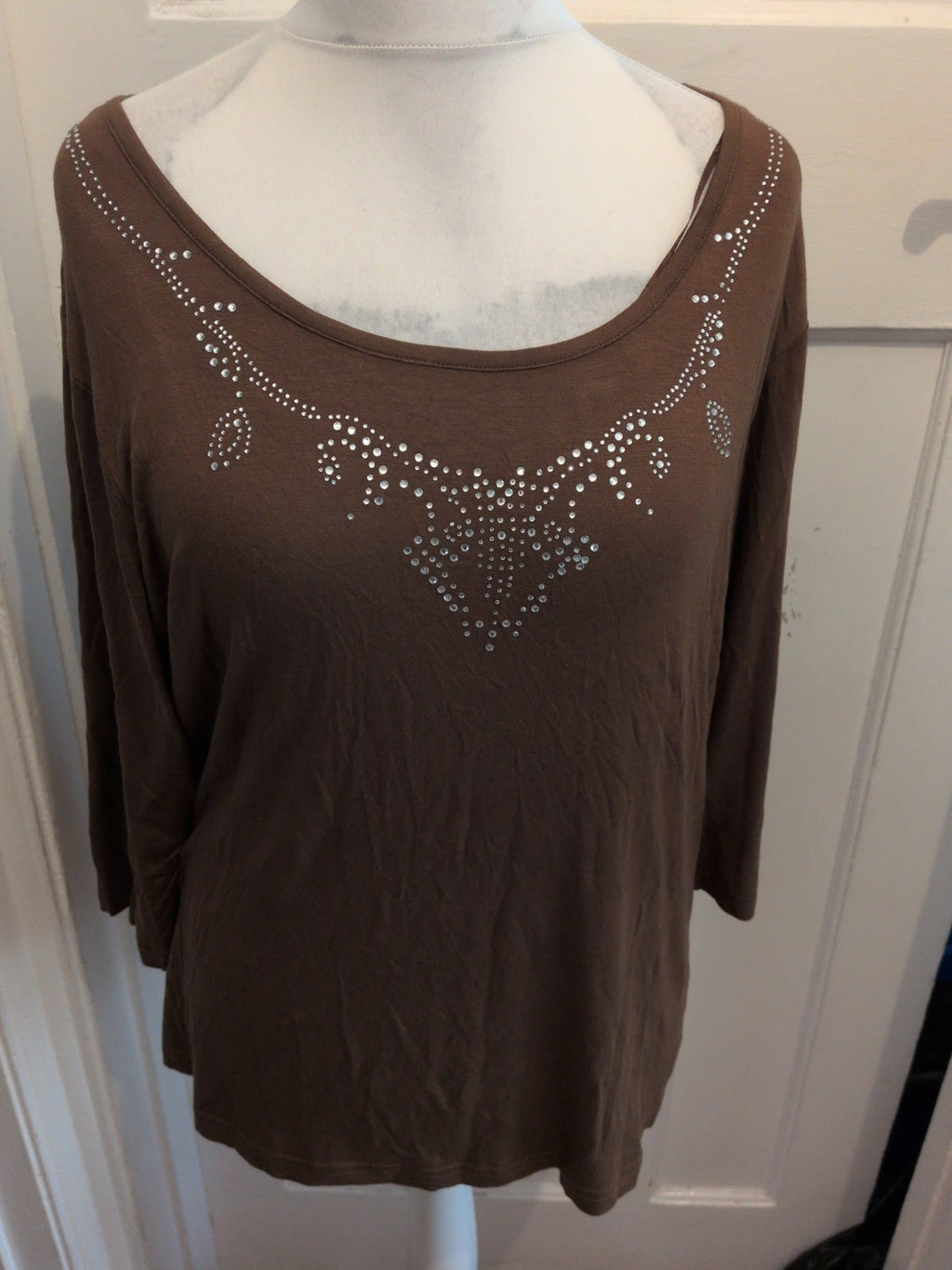 Damart 22/24 Khaki 3/4 Sleeve With Silver Diamante Blouse