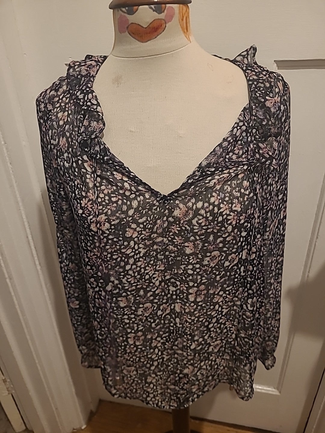Ladies New Look Size 10 Black Floral Semi See Through Blouse