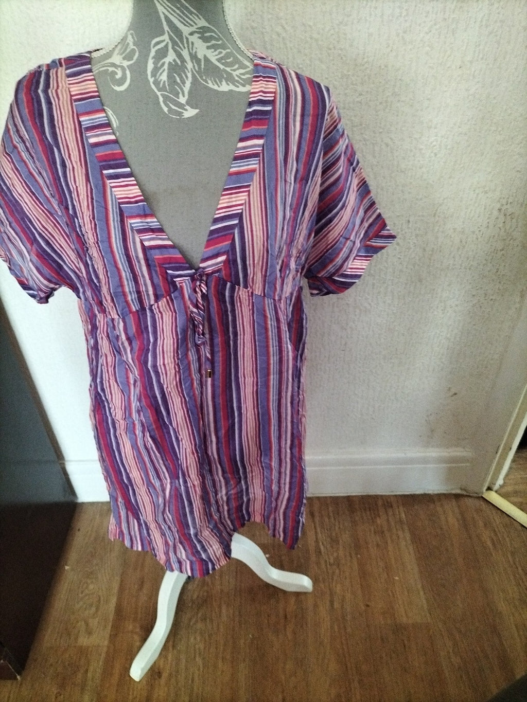 Ladies Per Una Size Small Purple Striped Short Sleeved Blouse