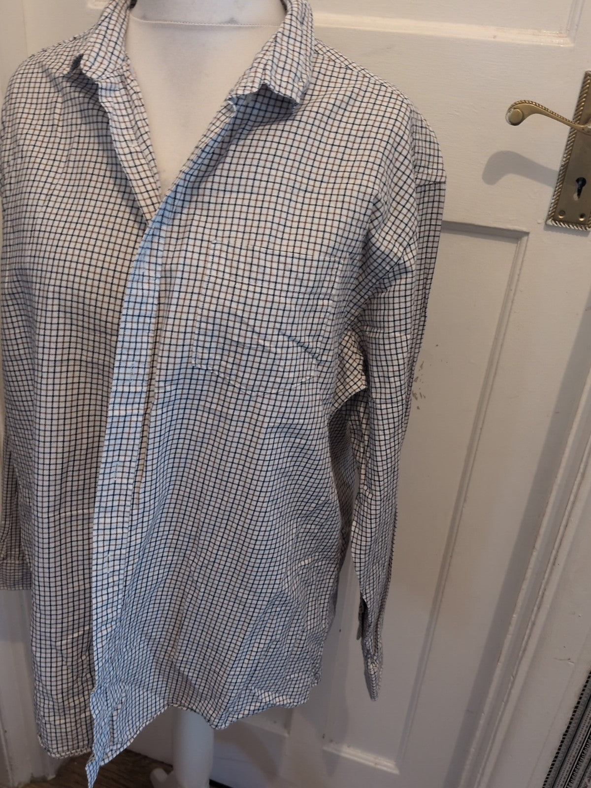 Tu XL White With Brown/Navy Check Long Sleeve Shirt