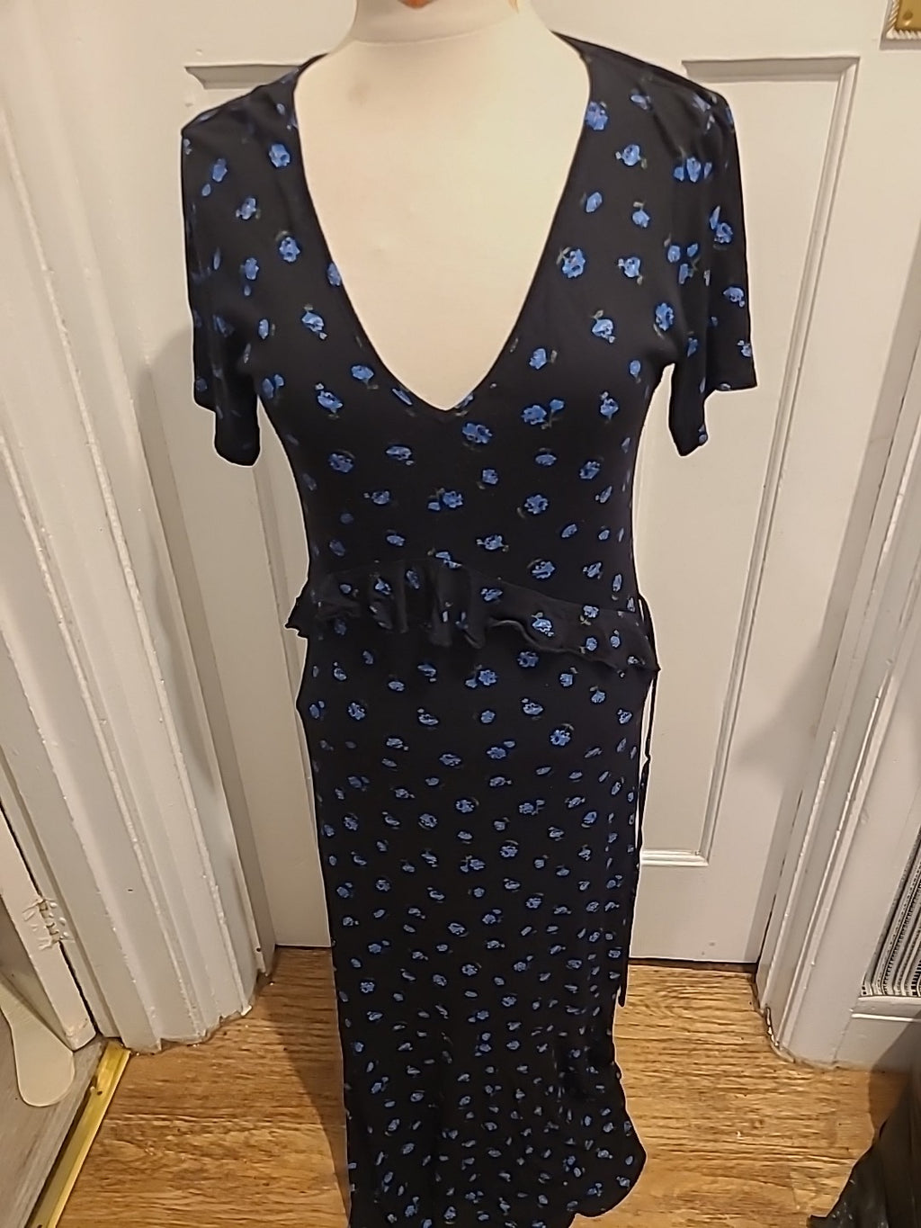 Ladies Peacocks Size 10 Black With Blue Flowers Short Sleeved Long Length Dress