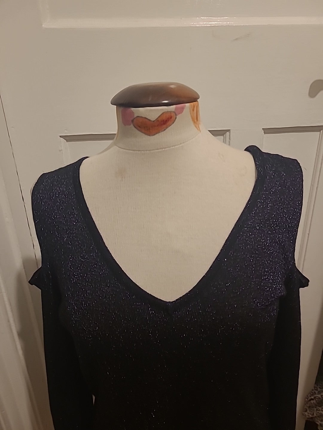 Ladies Peacocks Size 10 Black Shimmer Open Shoulder Blouse