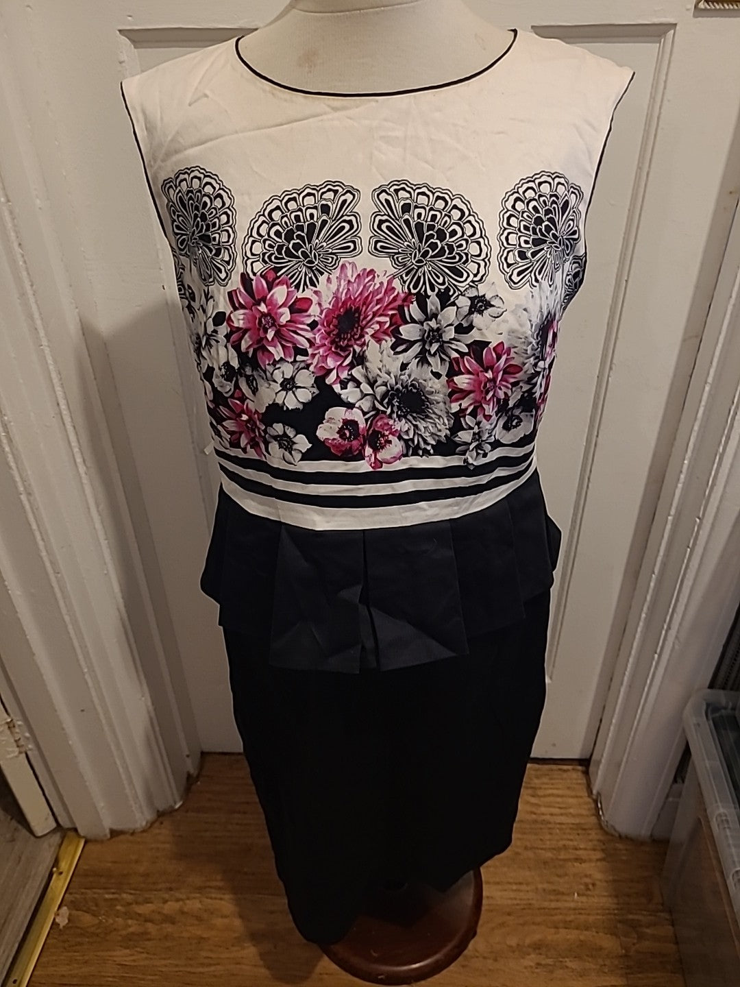 Ladies Marks And Spencer Size 14 Black/Pink/White Floral Lined Dress
