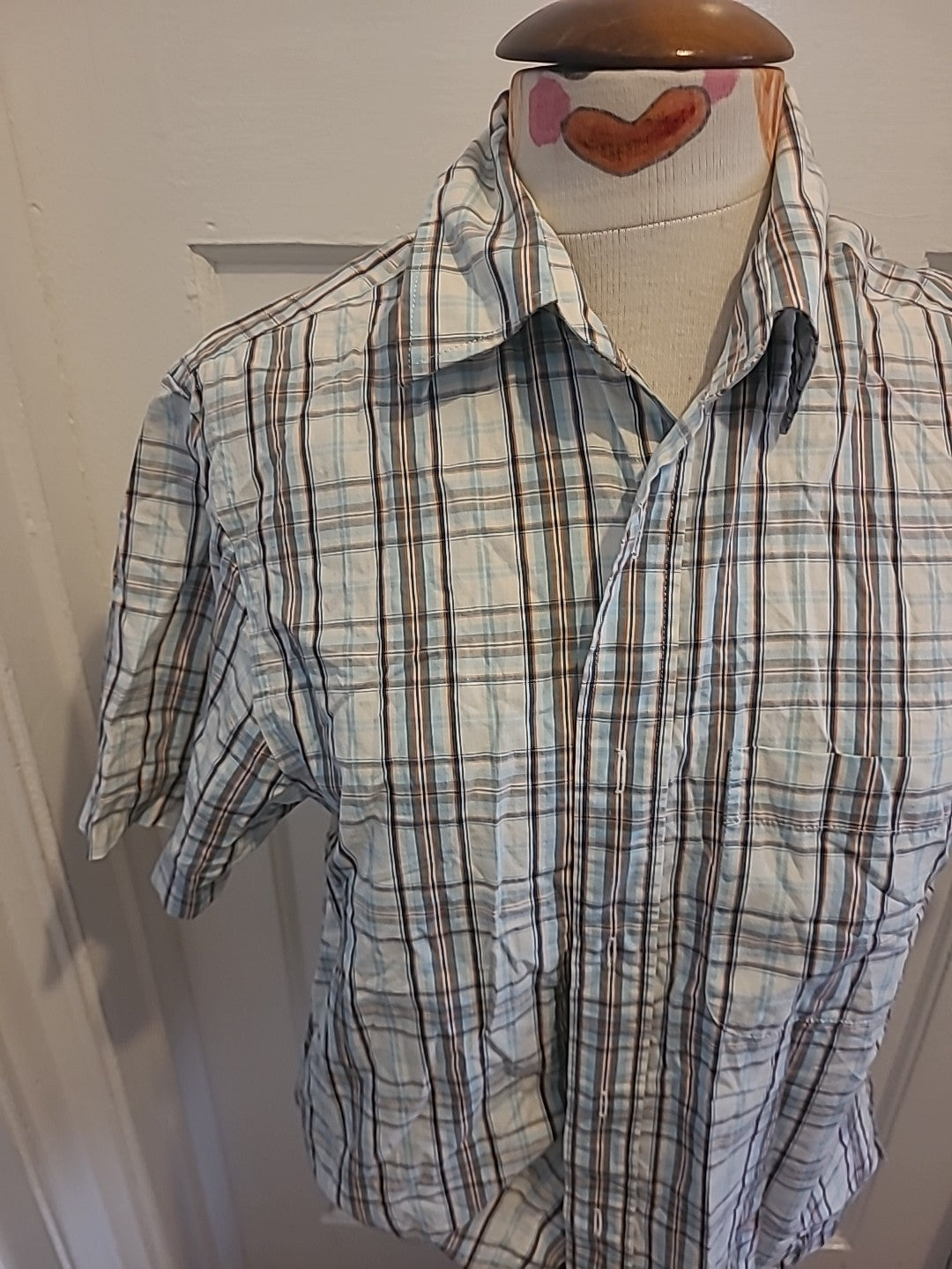 Mens Easy Size S Pale Blue White Navy Check Short Sleeved Shirt