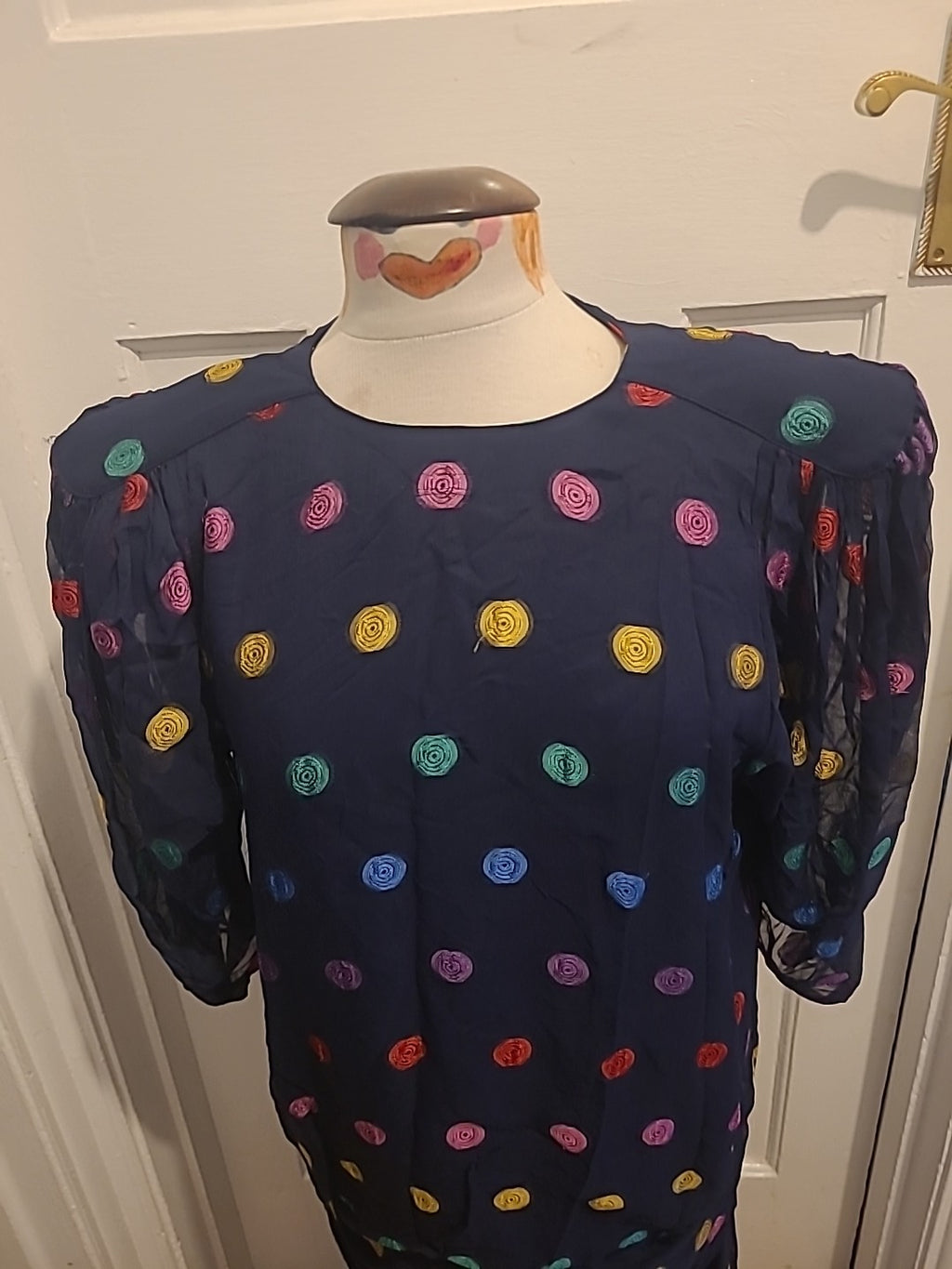 Ladies Tricoville Size 14 Navy Colorful Padded 3/4 Sleeve Dress