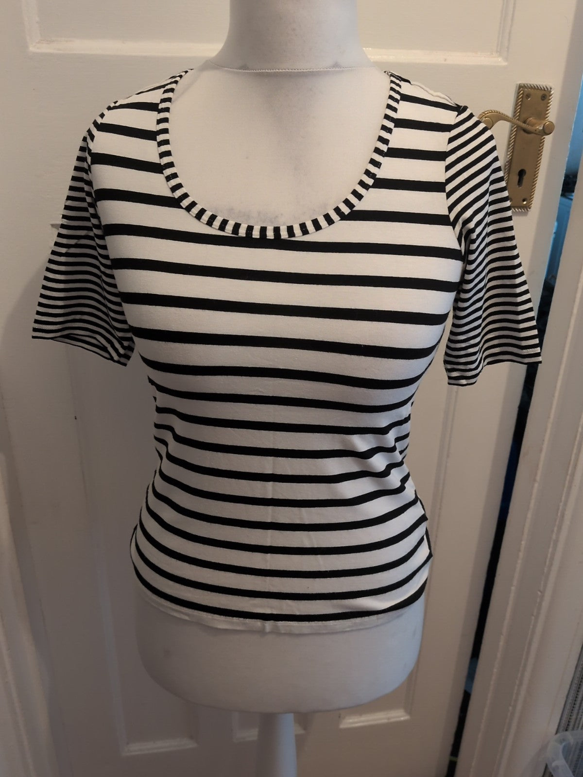 Madeline 10 Black And White Stripe Blouse Short Sleeve