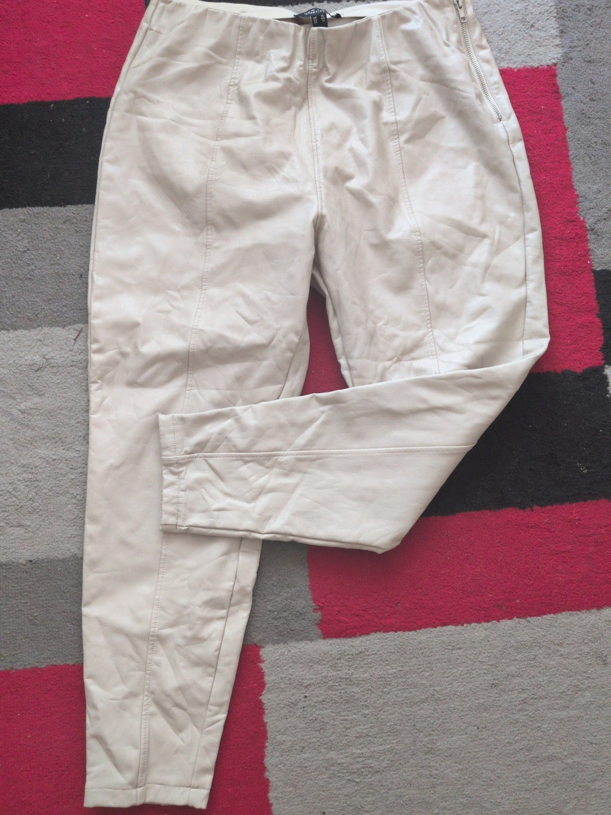 New Look 16 Petite Pale Stone Pleather Trousers Pull On