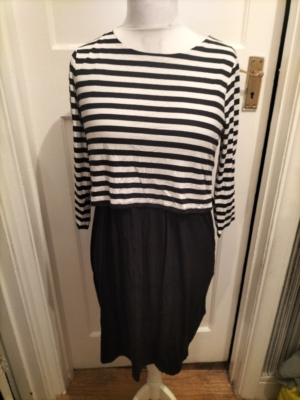 Ladies M&S Collection Size 14 Black And White Striped Long Sleeved Dress
