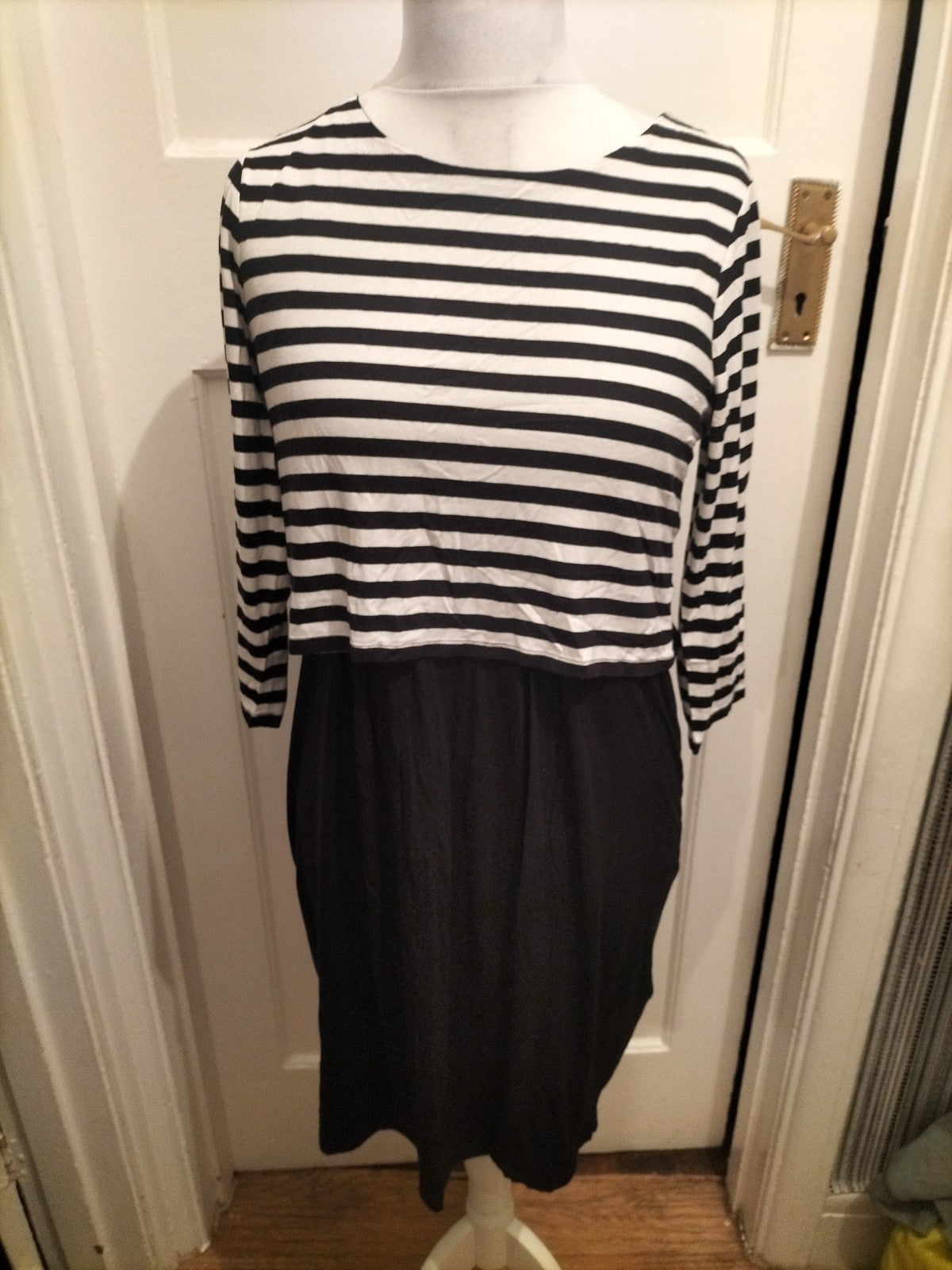 Ladies M&S Collection Size 14 Black And White Striped Long Sleeved Dress